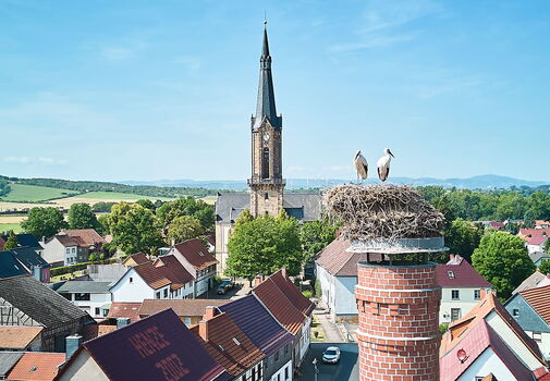 Seit vielen Jahren nisten bereits Störche auf dem stillgelegten Schornstein der alten Mälzerei in Wechmar.