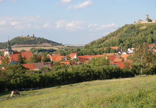 Blick auf Mühlberg mit der Mühlburg und Burg Gleichen im Hintergrund